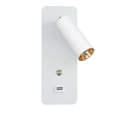 White bedside reading light seen from the front with the head raised