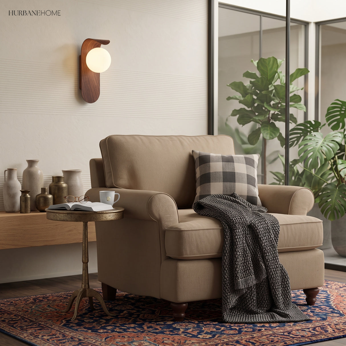 Bedside wall sconce glowing beside a beige armchair and side table