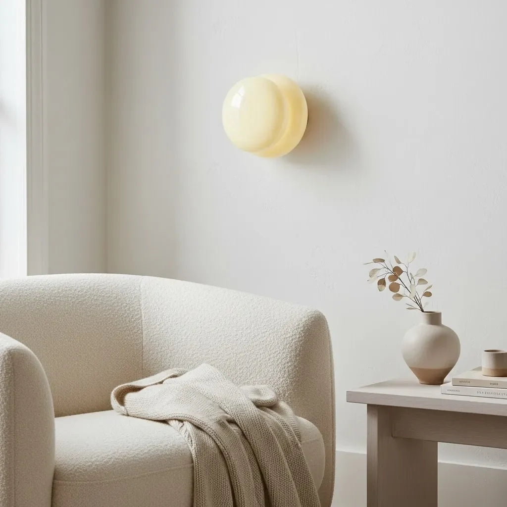 Beige glass wall sconce beside a cream upholstered headboard in sunlight