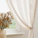 Beige Linen Curtain Panels – Boho Tassel French Country Sheer Drapes - Hurbane Home
