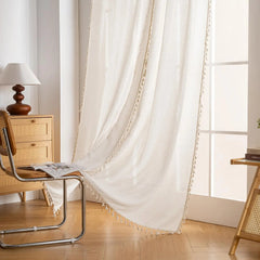 Beige Linen Curtain Panels – Boho Tassel French Country Sheer Drapes - Hurbane Home