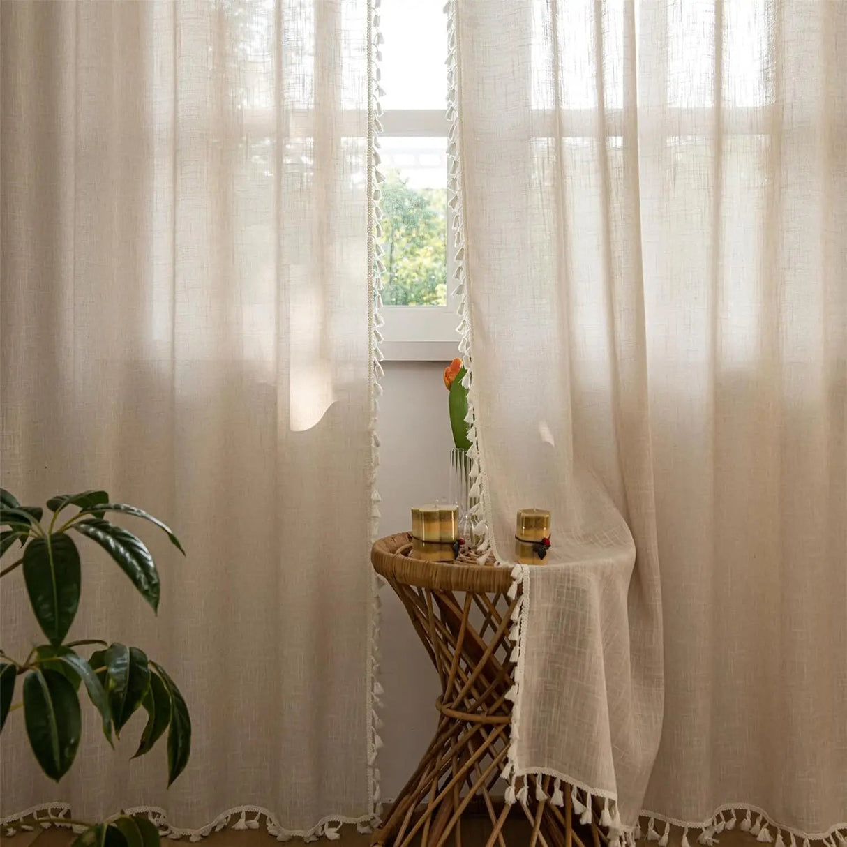 Beige Linen Curtain Panels – Boho Tassel French Country Sheer Drapes - Hurbane Home