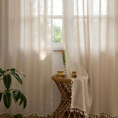 Beige Linen Curtain Panels – Boho Tassel French Country Sheer Drapes - Hurbane Home