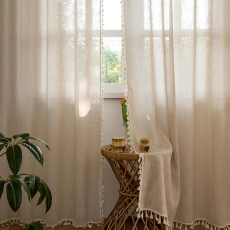 Beige Linen Curtain Panels – Boho Tassel French Country Sheer Drapes - Hurbane Home