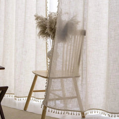 Beige Linen Curtain Panels – Boho Tassel French Country Sheer Drapes - Hurbane Home