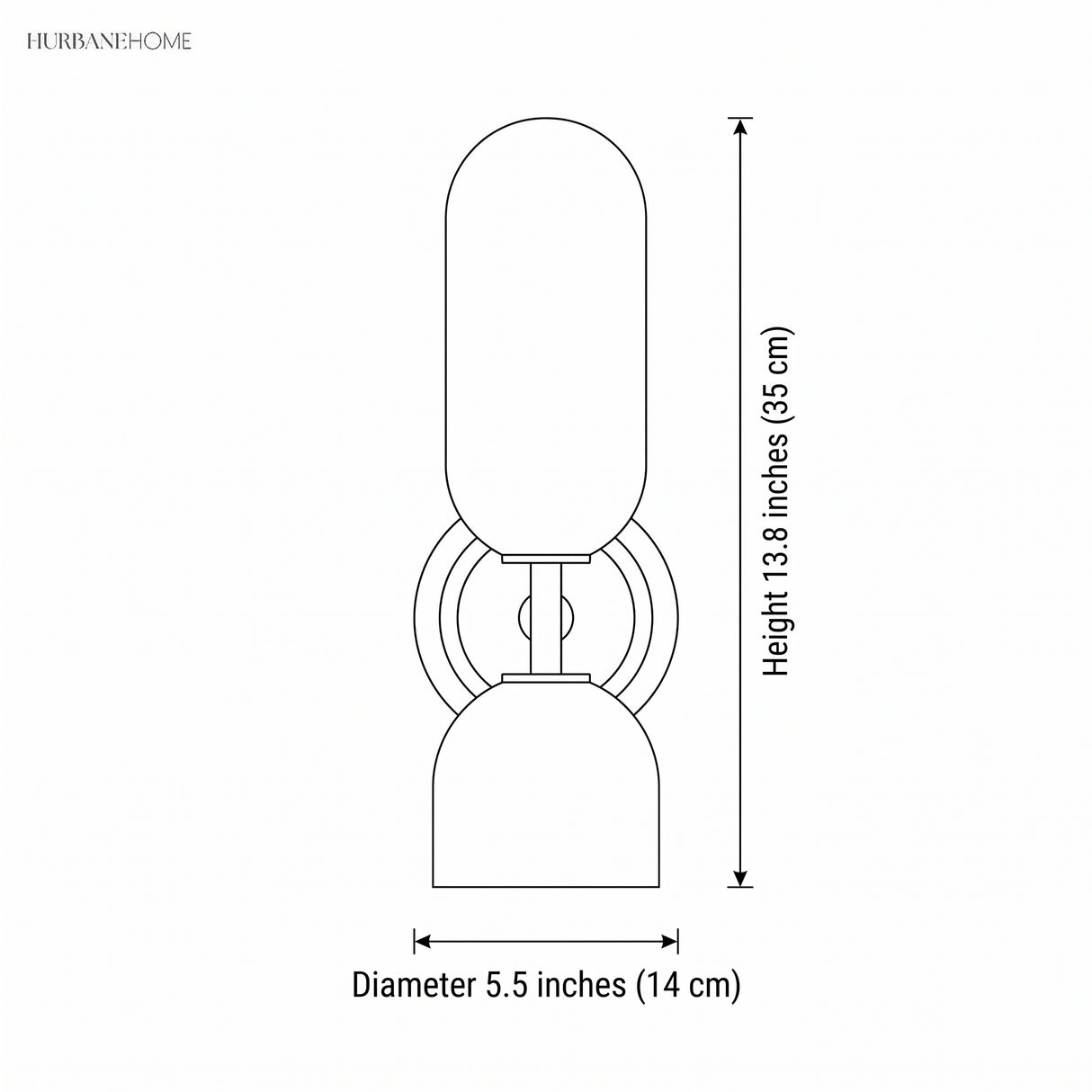 Dimension diagram: double head glass wall sconce, height 13.8 inches, diameter 5.5 inches