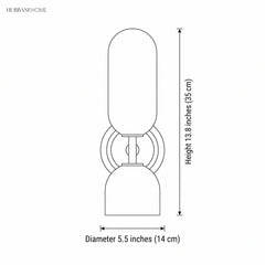 Dimension diagram: double head glass wall sconce, height 13.8 inches, diameter 5.5 inches