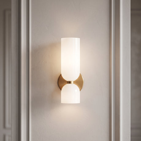 Double head glass wall sconce with brass fitting, front product view