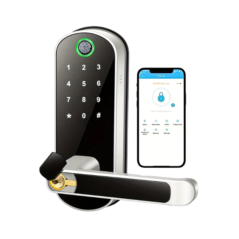 silver biometric lock for main door with touchscreen and handle design