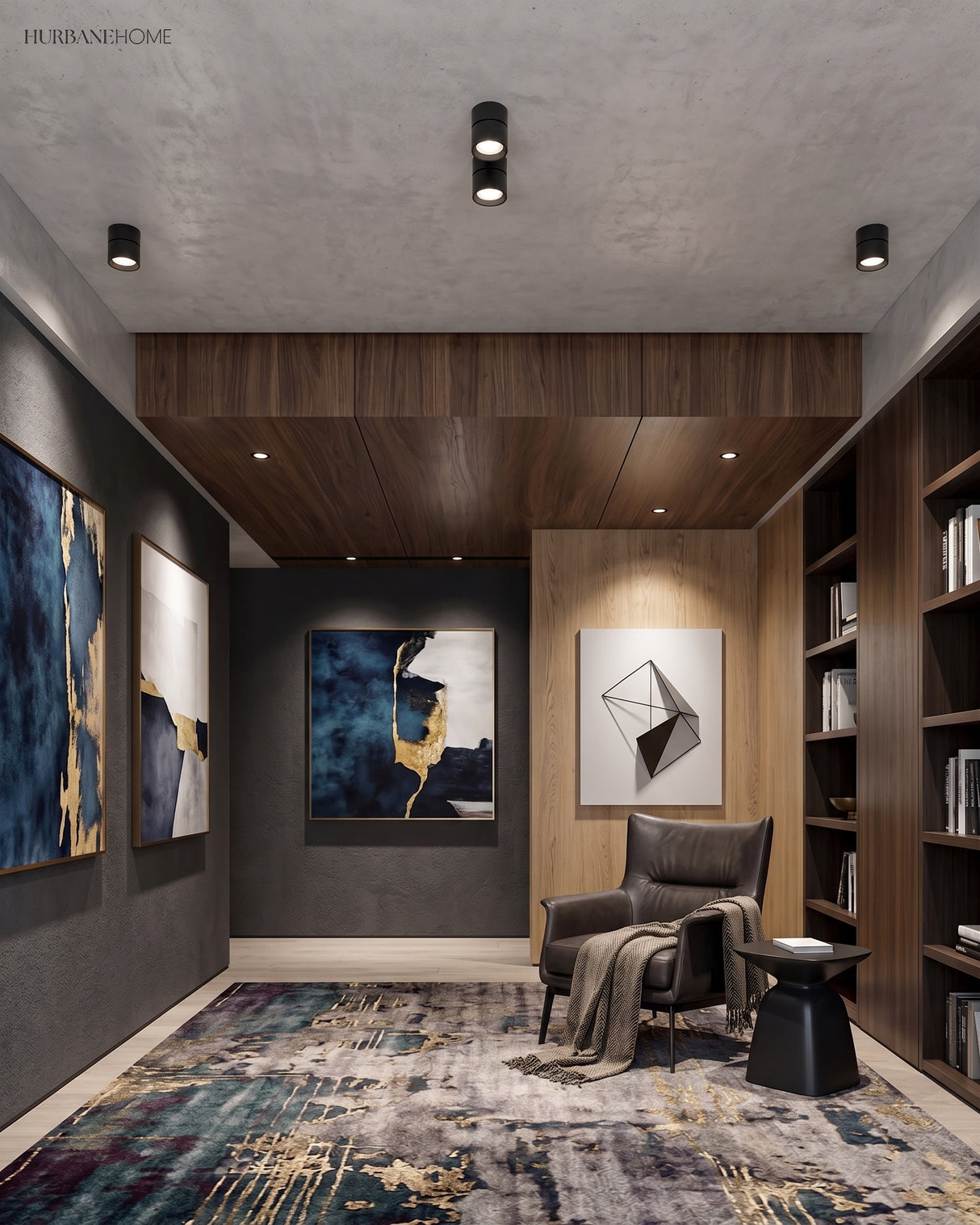 Black ceiling spot lights above a dark panelled study with artwork and an armchair