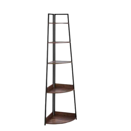 Black corner bookcase placed in modern living room