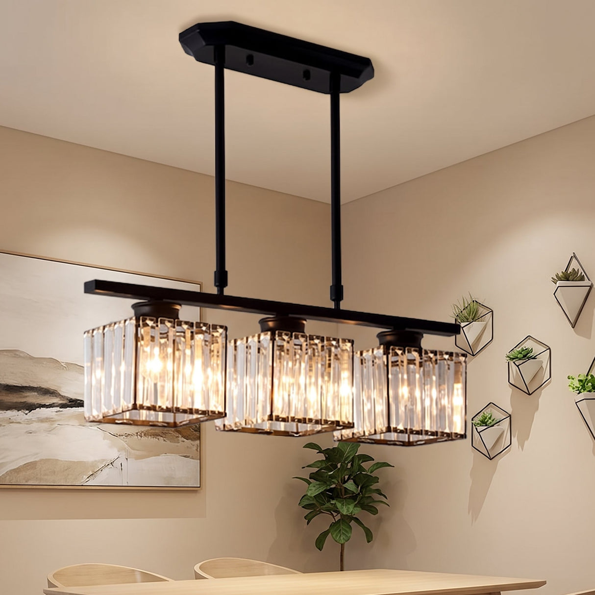 Black three light kitchen island pendant light with faceted glass square shades