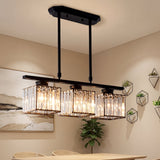 Black three light kitchen island pendant light with faceted glass square shades