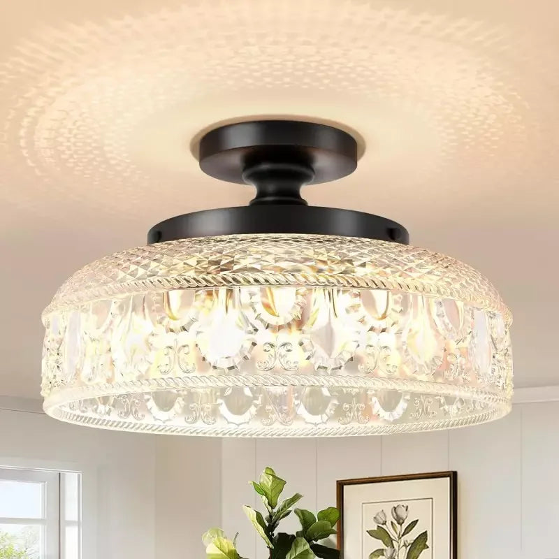 Black patterned glass semi flush mount ceiling light