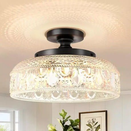 Black patterned glass semi flush mount ceiling light