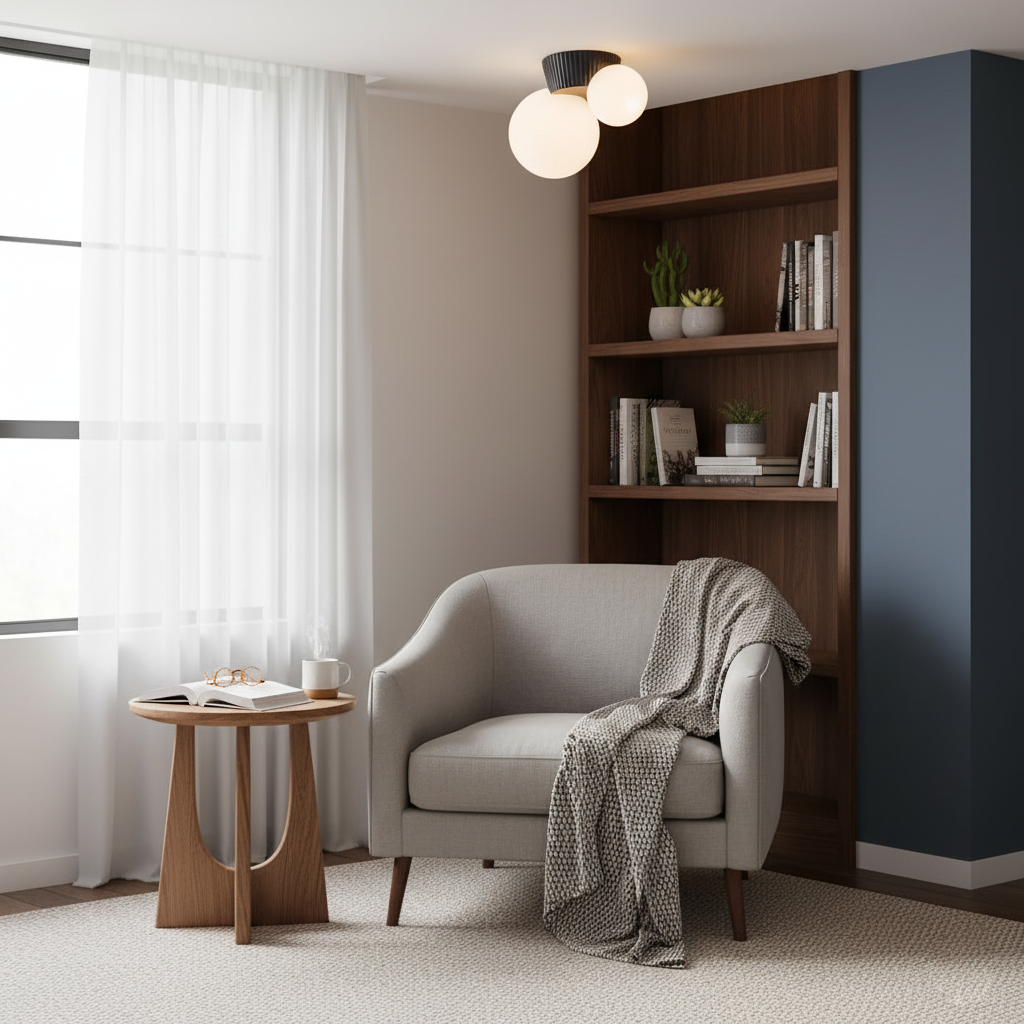 Black canopy globe light above a reading nook with blue and timber shelving