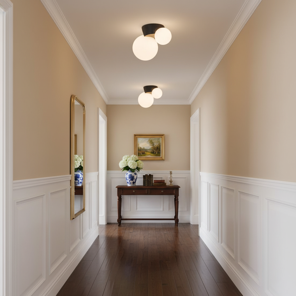 Black canopy globe lights above a panelled hallway with a framed landscape