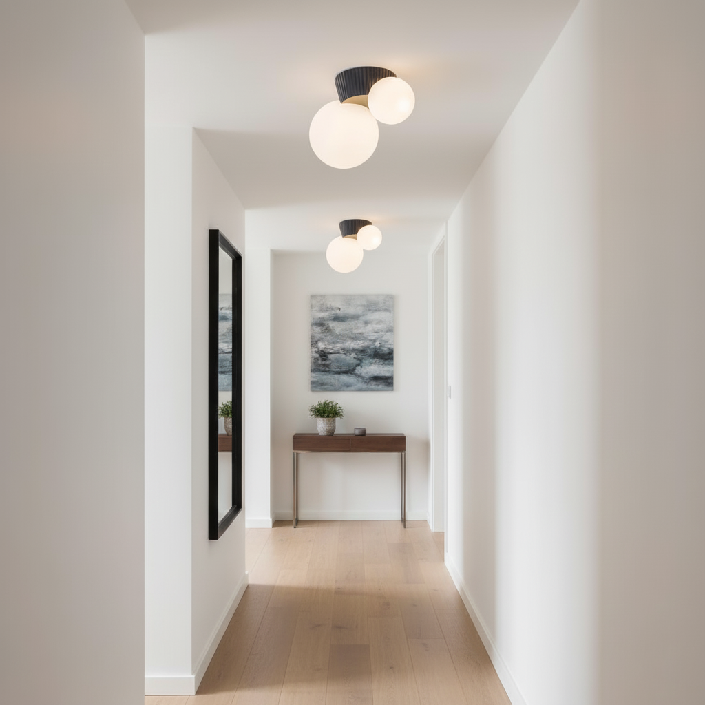 Black canopy globe lights lining a plain white corridor with an oak floor