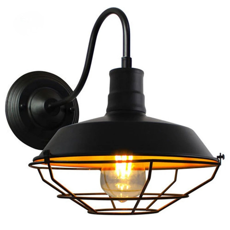Black gooseneck wall light featuring protective iron cage