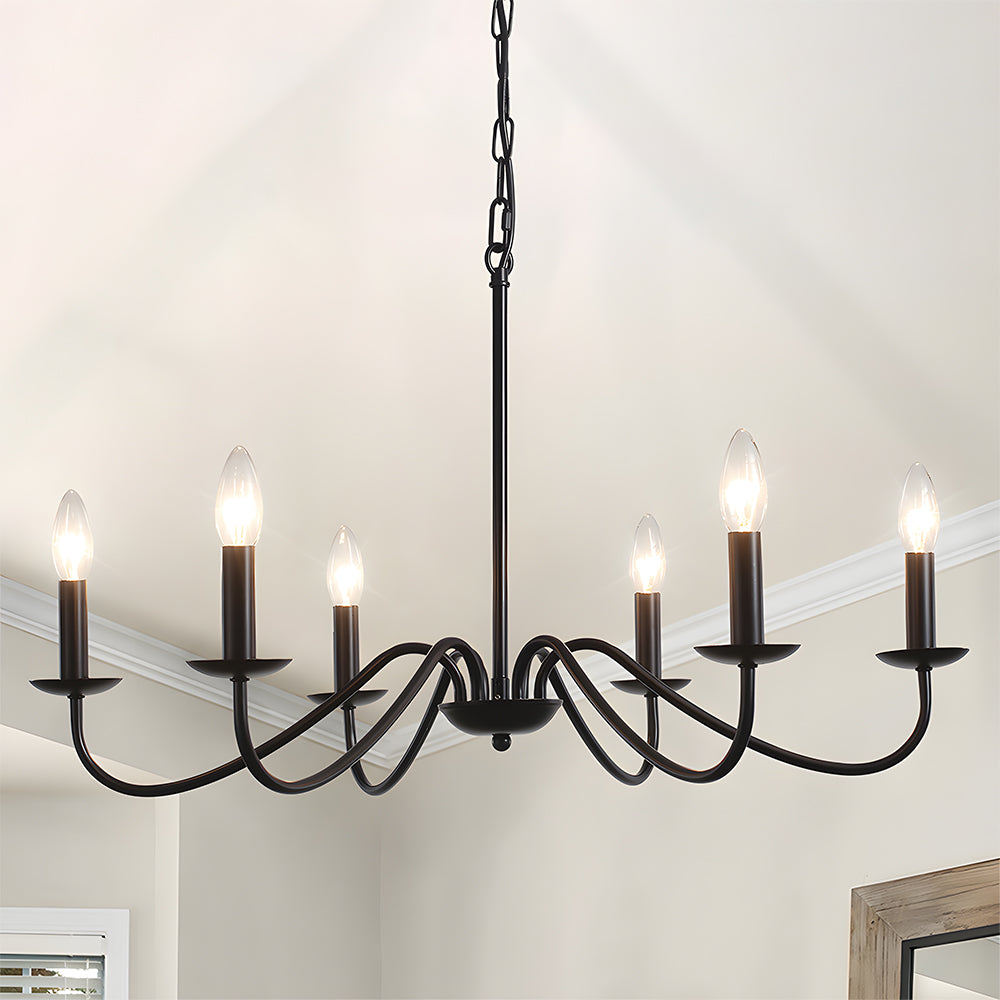 Curved arm candle chandelier in black iron, product photograph