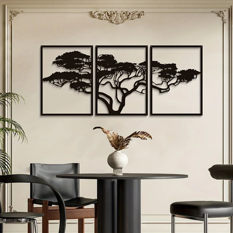 Black metal Tree of Life three piece wall art for living room