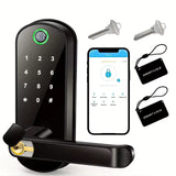 Black electronic smart door lock with a touch keypad, shown with a smartphone app screen, two mounting screws, and two black RFID tags on a white background.