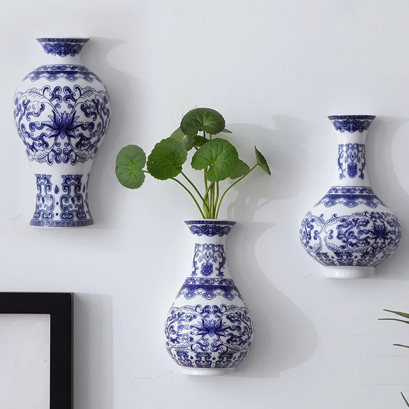Blue and White Porcelain Wall Vase with Classic Floral Design - Hurbane Home