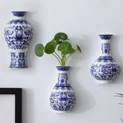 Blue and White Porcelain Wall Vase with Classic Floral Design - Hurbane Home
