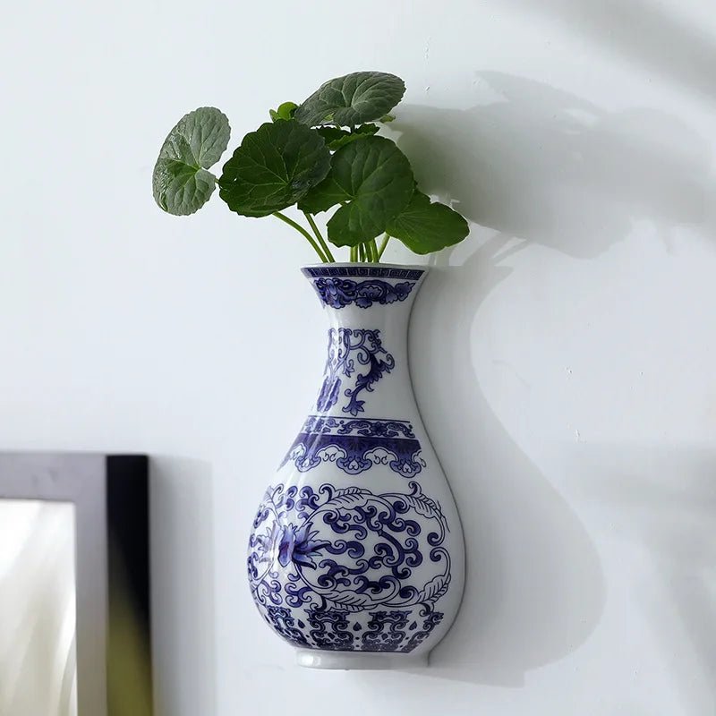 Blue and White Porcelain Wall Vase with Classic Floral Design - Hurbane Home