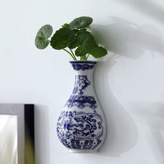 Blue and White Porcelain Wall Vase with Classic Floral Design - Hurbane Home