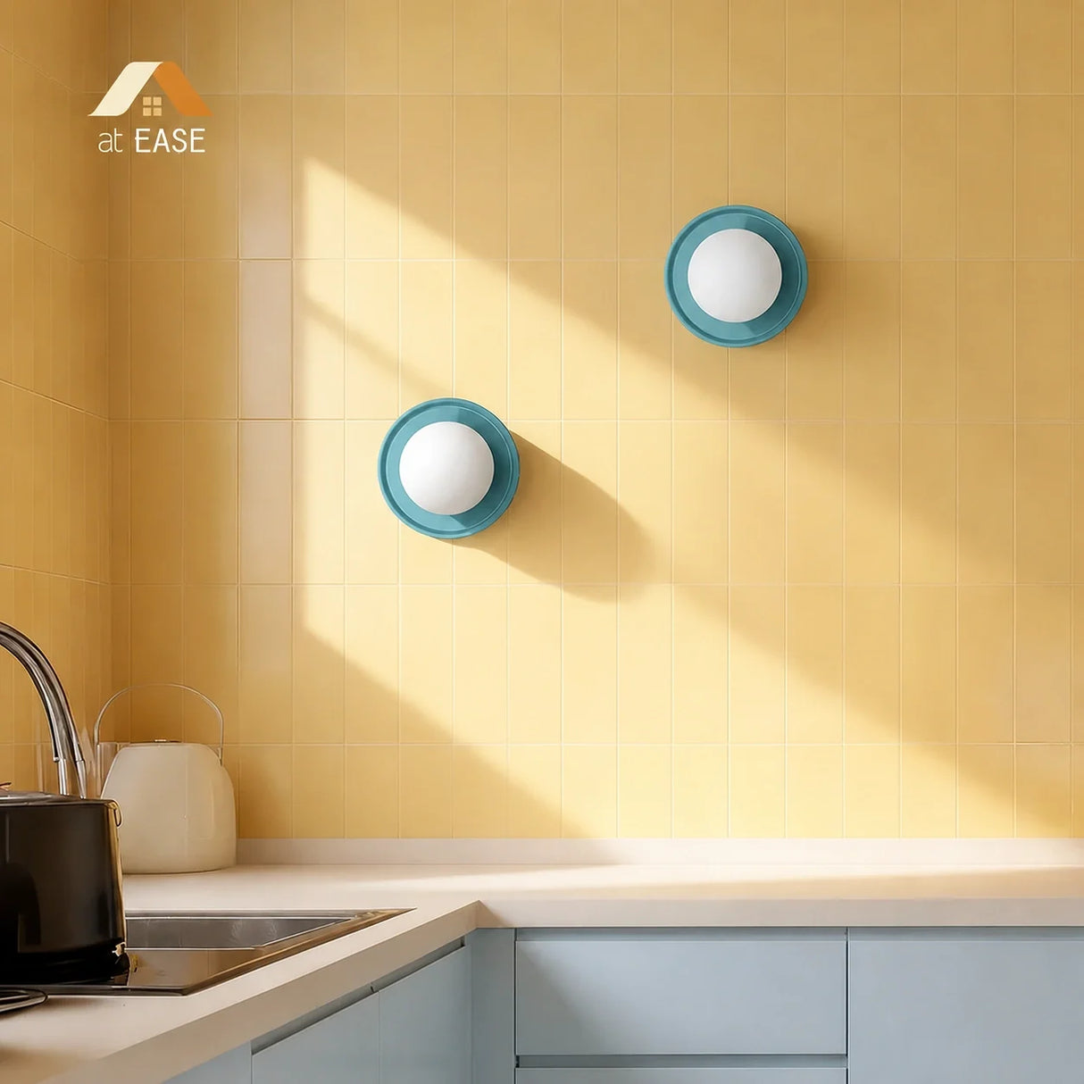 Blue orb wall sconce close up of the coloured rim and frosted globe