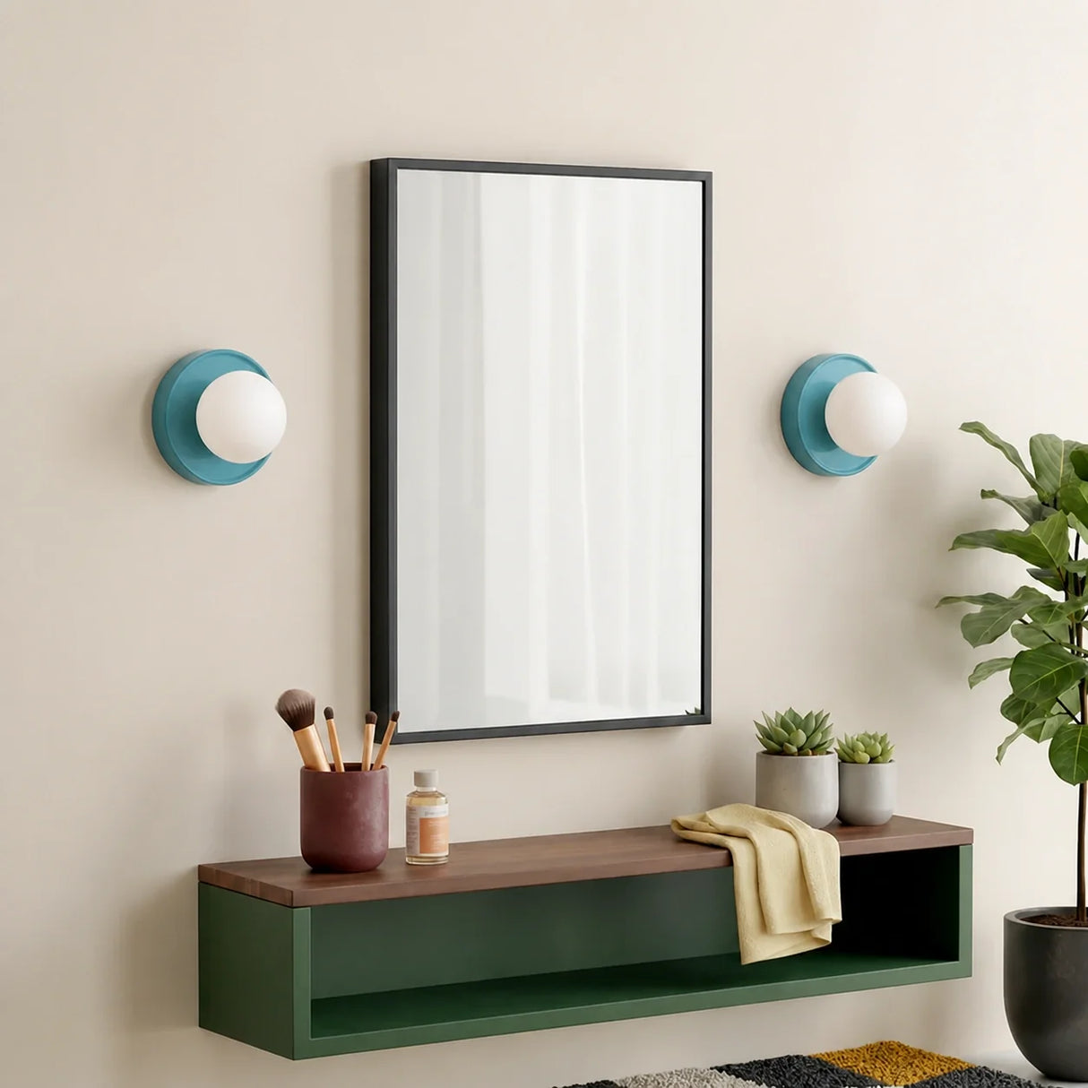 Blue orb wall sconce top angle showing the globe seated in the ring