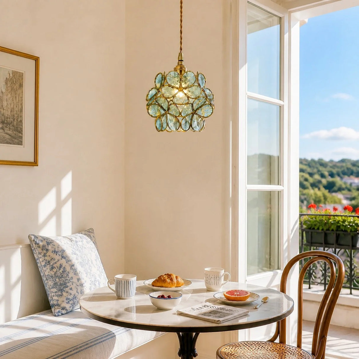 Blue water ripple glass petal pendant light shown against a plain backdrop