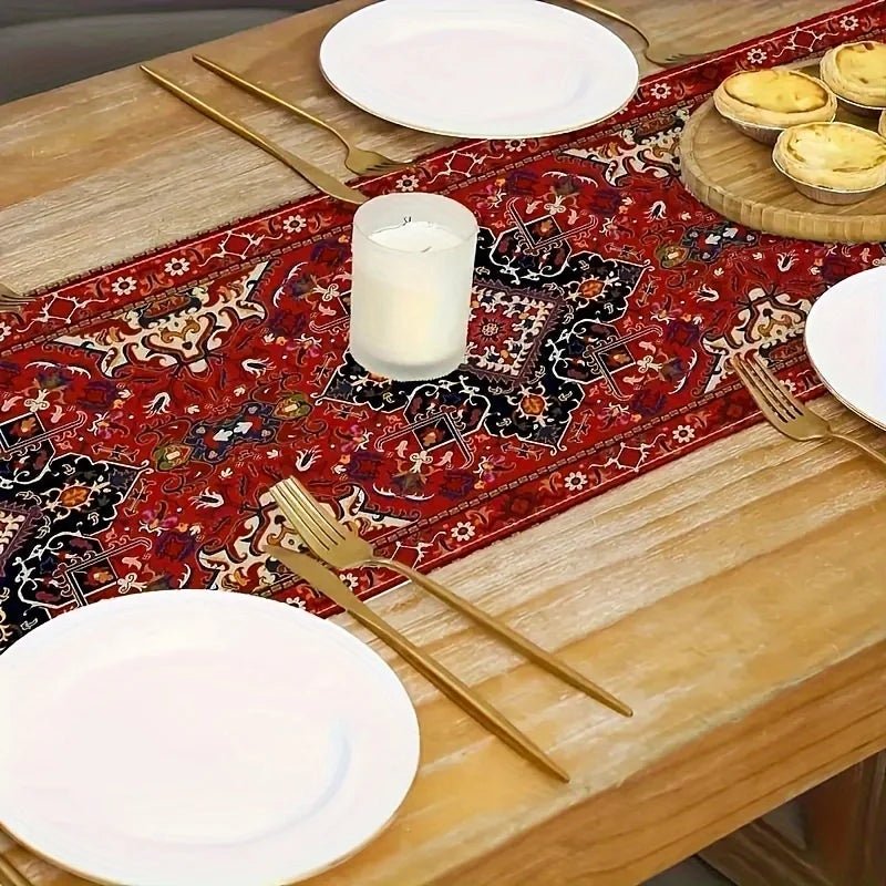 Bohemian Kitchen Runner - Modern Boho Style Long Red Table Decor - Boho Table Runner - Hurbane Home
