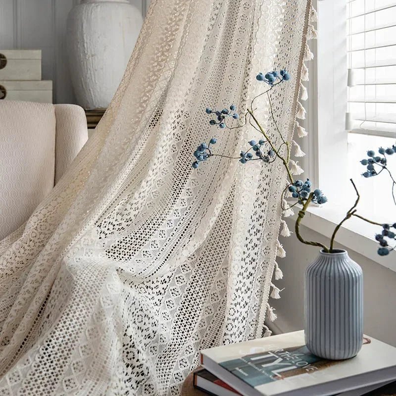 Bohemian Tassel Curtains – Crochet Lace Rod Pocket Sheer Cotton Blend - Hurbane Home
