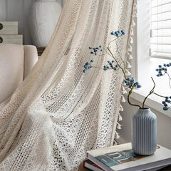 Bohemian Tassel Curtains – Crochet Lace Rod Pocket Sheer Cotton Blend - Hurbane Home