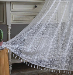 Bohemian Tassel Curtains – Crochet Lace Rod Pocket Sheer Cotton Blend - Hurbane Home