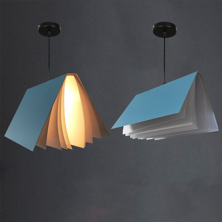 Blue book pendant light shown lit and unlit with fanned pages