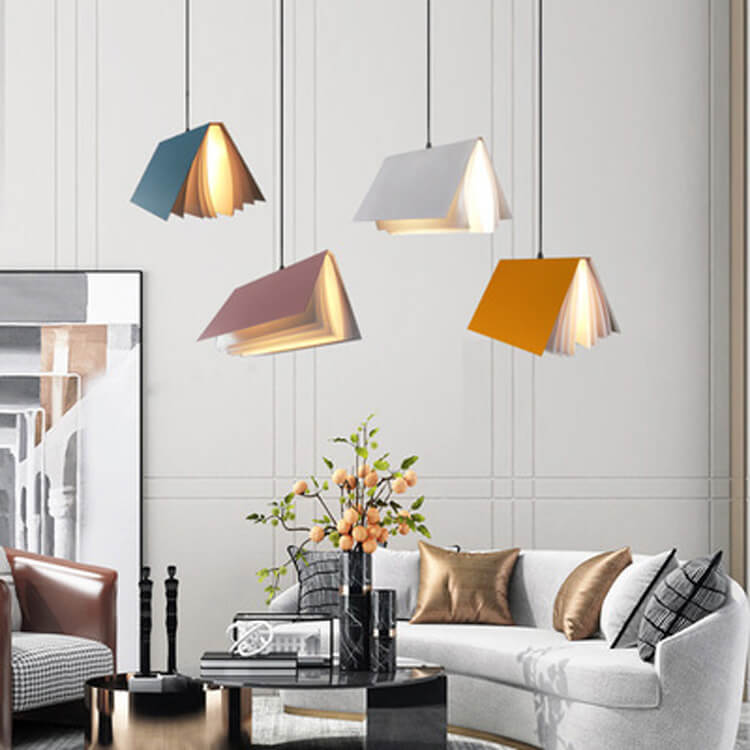 Open book pendant lights in blue pink yellow white and orange