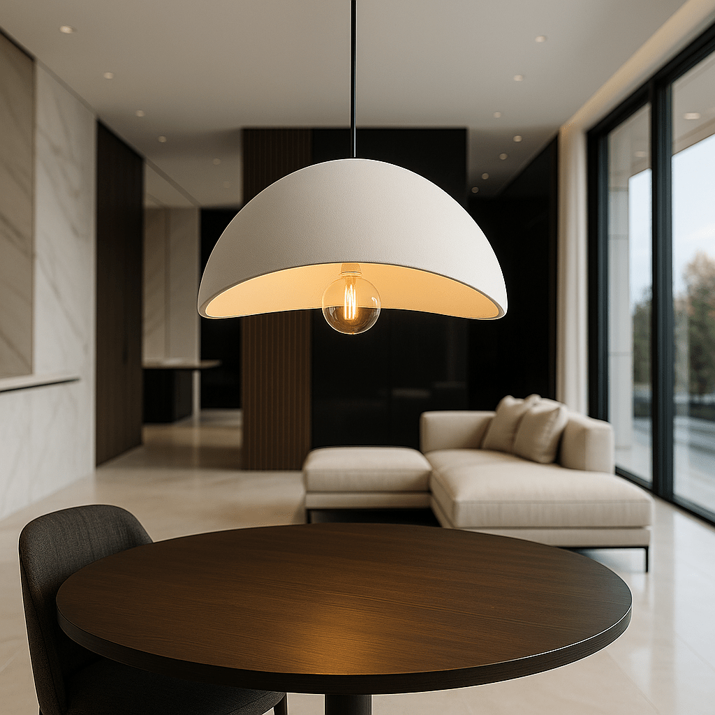 White dome pendant light shade viewed from the front
