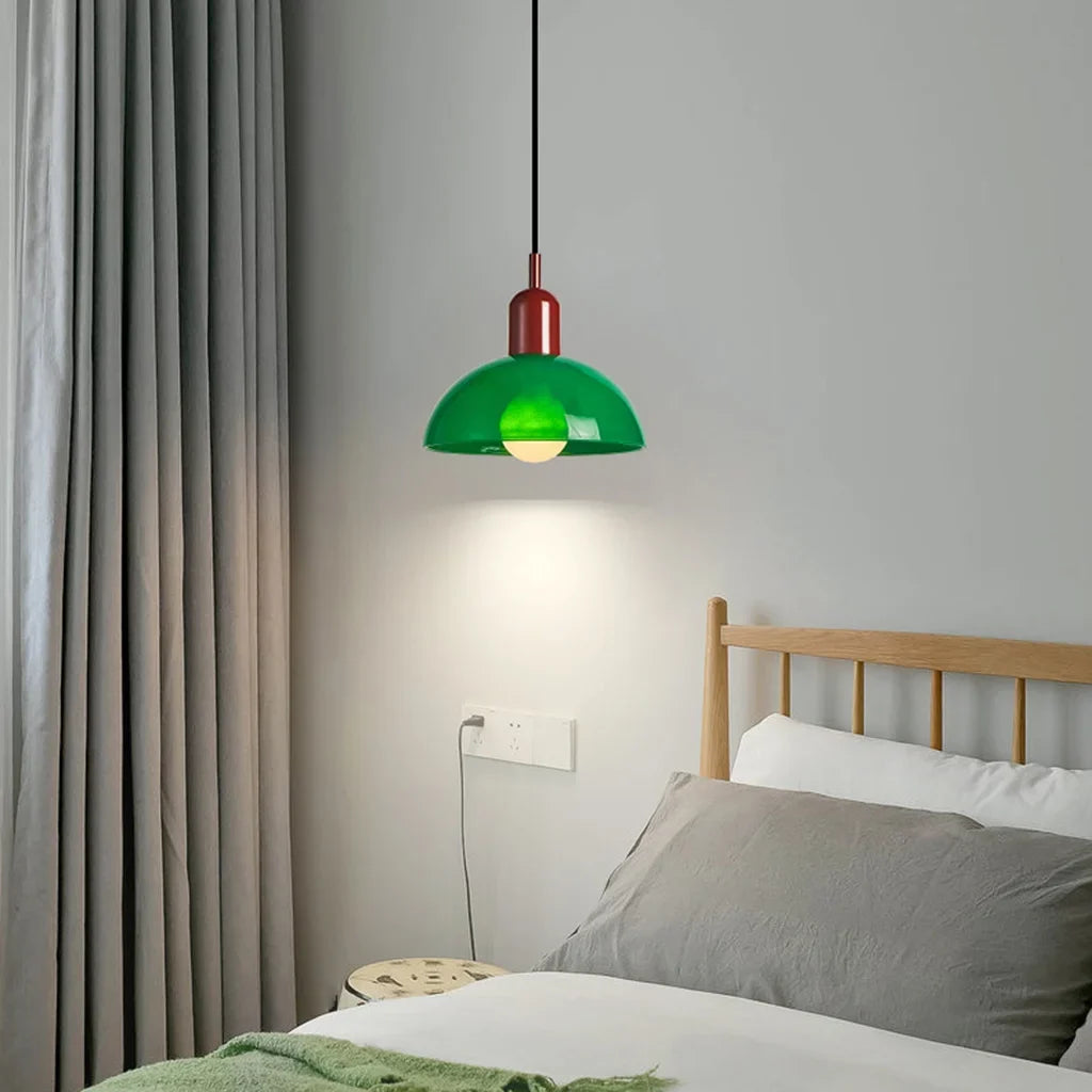 Bowl pendant light detail showing the metal cap and cord fitting