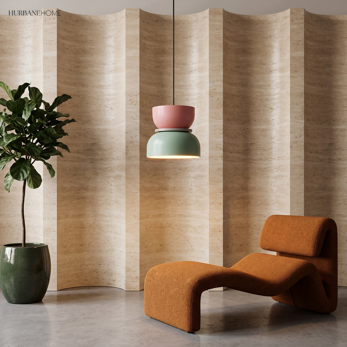 Pink and green acrylic bowl pendant light above a fluted-wall living room with plant