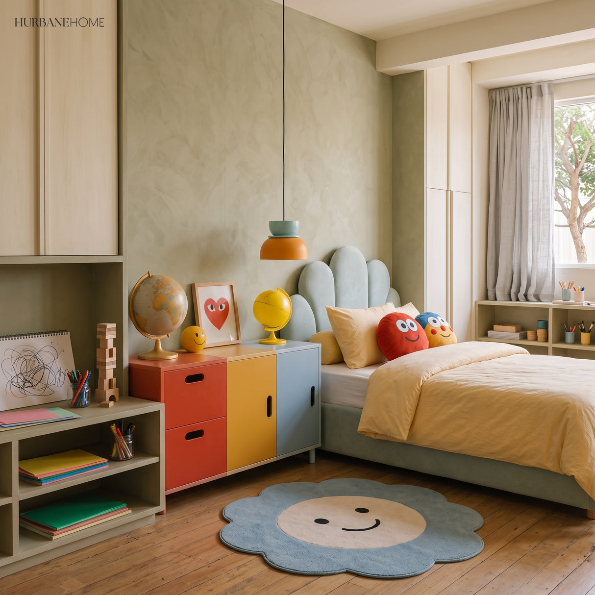 Yellow and blue bowl pendant light in a colourful kids bedroom