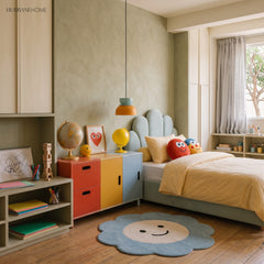 Yellow and blue bowl pendant light in a colourful kids bedroom