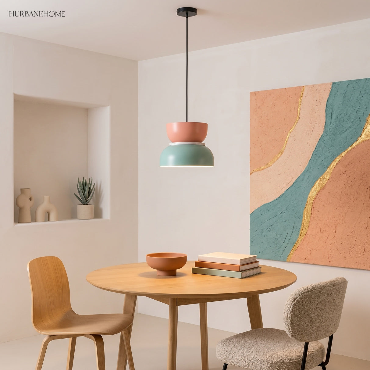 Colourful bowl pendant light in a warm dining nook