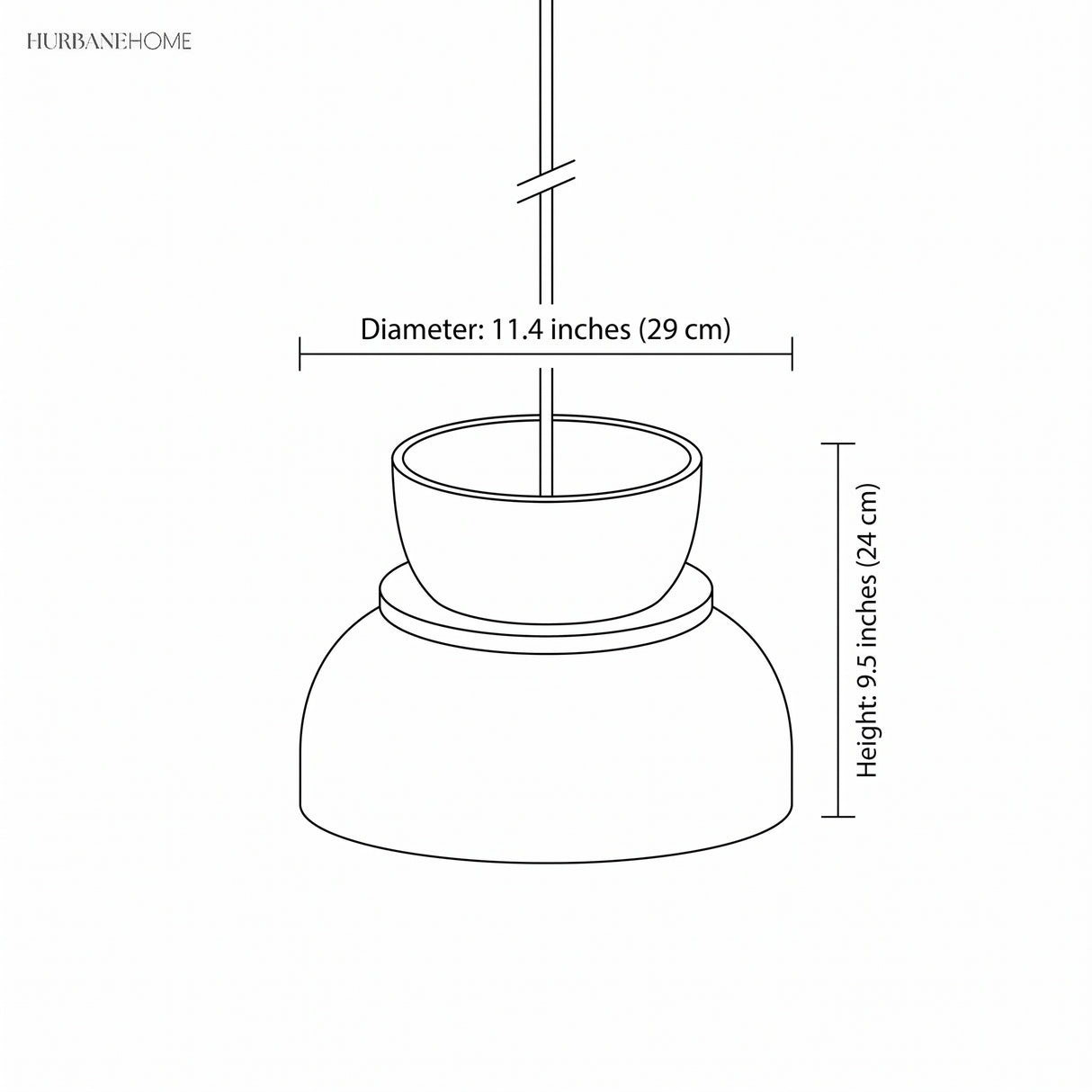 Dimension illustration of bowl pendant light: diameter 11.4 in (29 cm), height 9.5 in (24 cm)