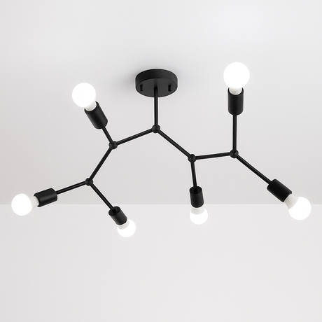 Black six light branch fixture spread across a white ceiling
