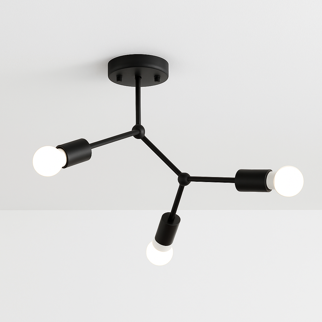 Black three light branch fixture mounted on a white ceiling