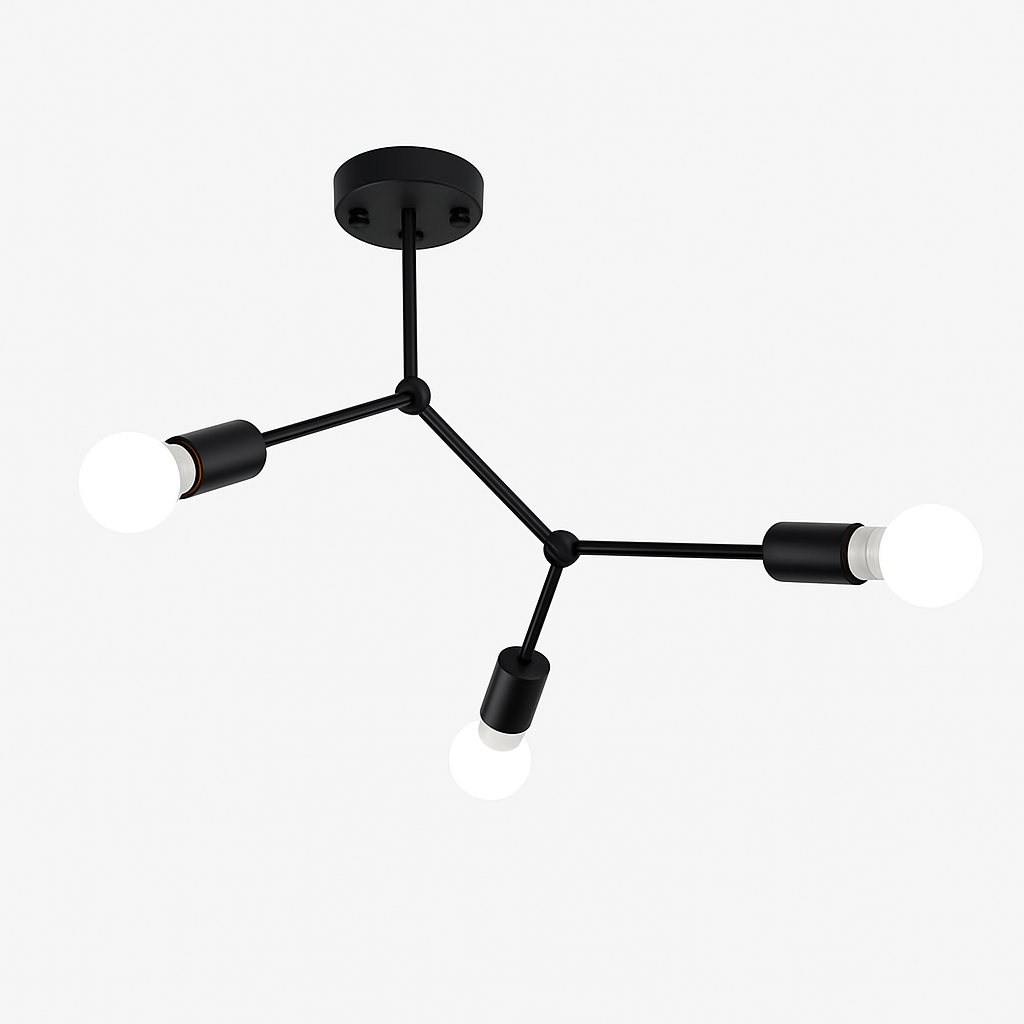 Black three light branch fixture shown against a plain backdrop
