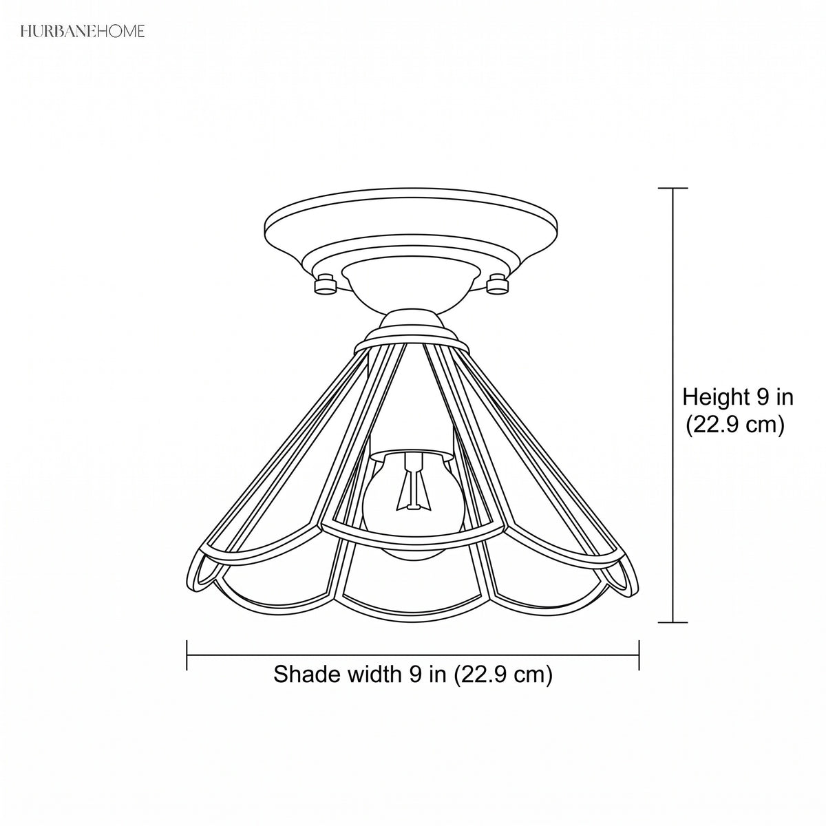 Line drawing of the ceiling light, height 9 in and shade width 9 in